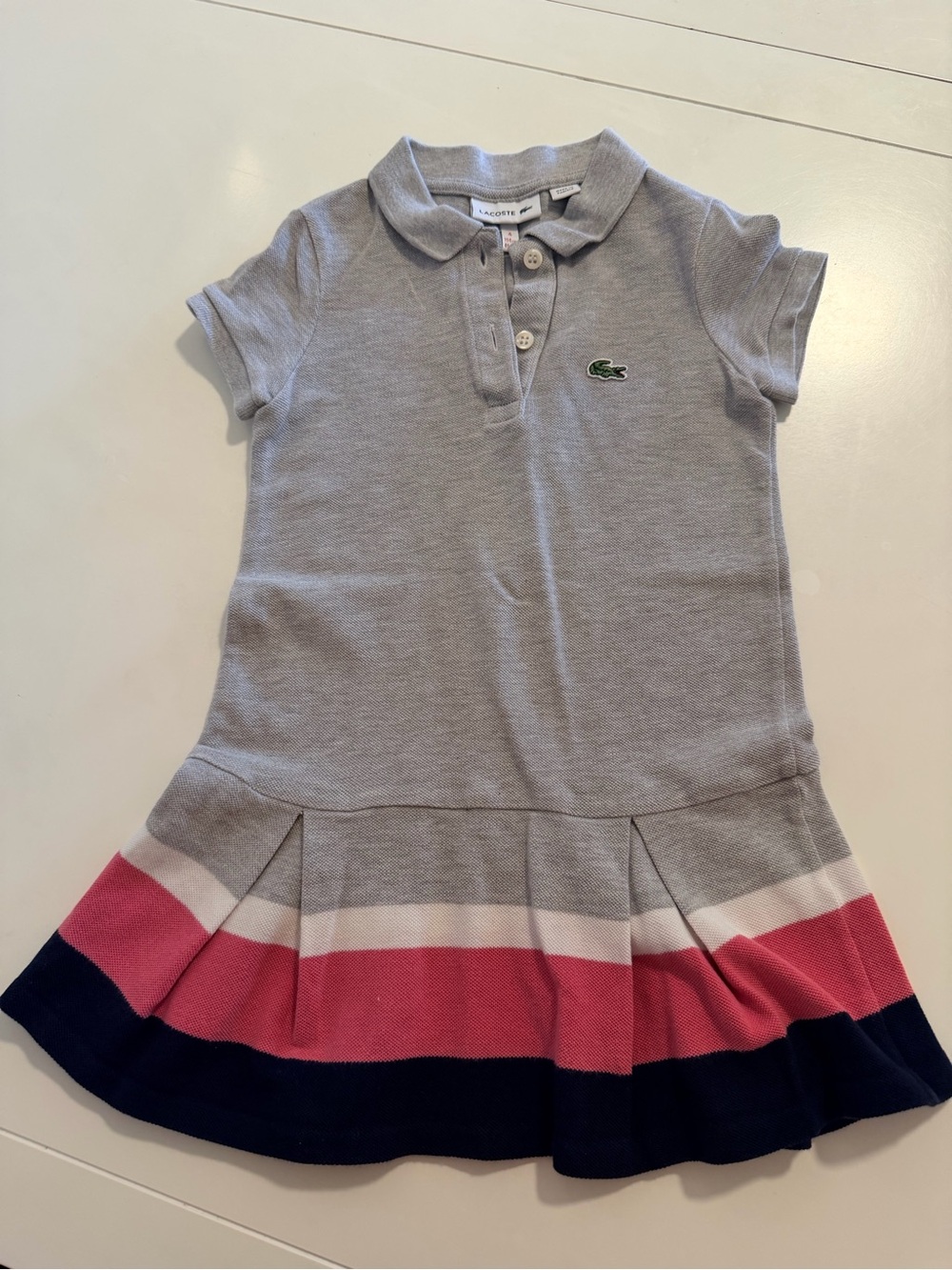 Lacoste Gray Polo Dress with Pink, White & Navy Stripe Skirt